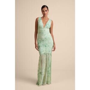 NWT Lulus Jamie Mint Green Floral Mesh Sheer Hem Maxi Dress Gala Banquet Sz XS